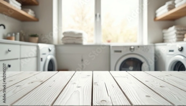 Obraz Empty white wooden table top for product placement in bright, modern laundry room. Features washer, dryer, window with natural light, stacked towels. Clean, minimalist design for home interior shots.