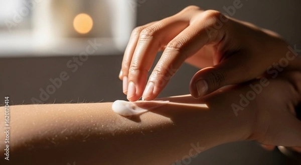 Fototapeta Close-up of a hand applying white cream to skin with soft lighting