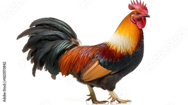 Fototapeta Rooster, colorful plumage, white background