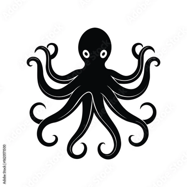 Fototapeta Simple black octopus illustration on a white background displaying many tentacles