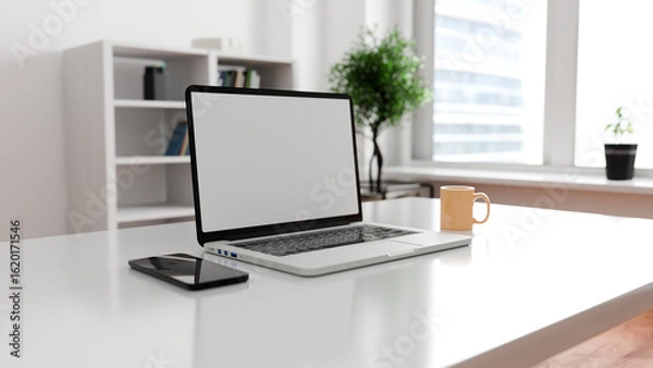 Obraz Modern desk with laptop and coffee