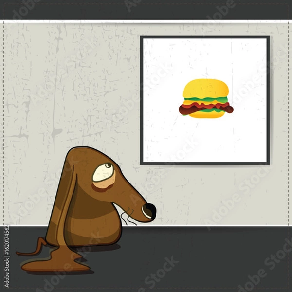 Fototapeta Sad cartoon dog staring longingly at a hamburger painting on the wall. Funny and emotional concept in a minimalist, artistic setting.