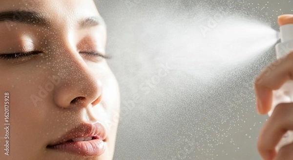Fototapeta Close-up of a woman's face receiving a refreshing mist spray, with water droplets on her skin.