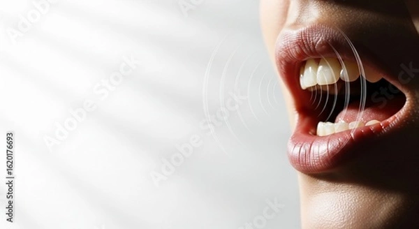 Fototapeta Close-up of a woman's open mouth with sound waves emanating, showcasing teeth and lips