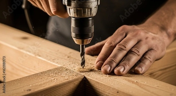 Fototapeta Close-up of hands using a drill to make a hole in wooden planks, creating sawdust.