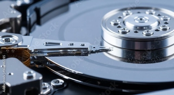Fototapeta Close-up view of a disassembled computer hard drive with read/write heads and platters