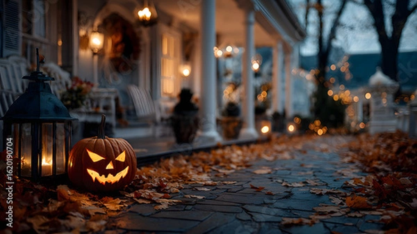 Fototapeta Glowing jack-o'-lantern on porch with autumn leaves, Halloween theme