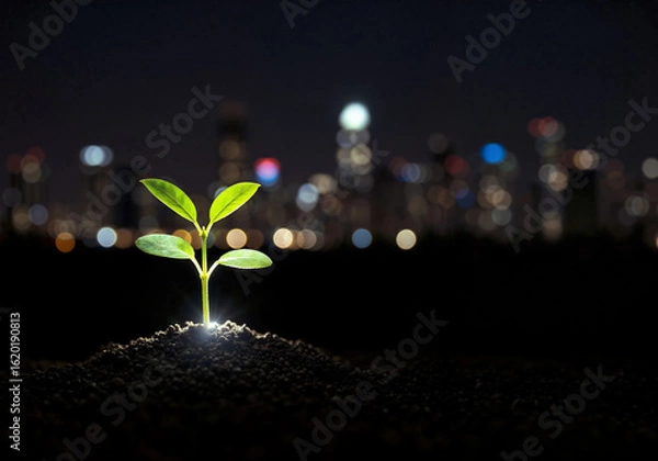 Fototapeta A small plant sprouts from the earth, with a blurred cityscape and bokeh lights creating a vibrant urban backdrop at night.