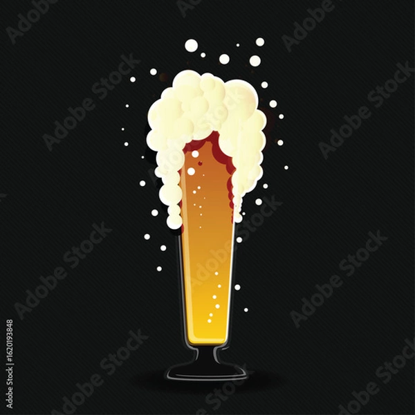 Fototapeta Vector illustration of a frothy beer mug on a dark background. Realistic golden beer with bubbles and foam, perfect for bar menus, Oktoberfest designs, and brewery promotions.