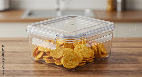 Fototapeta Crackers in Airtight Food Storage Container on Wood Table