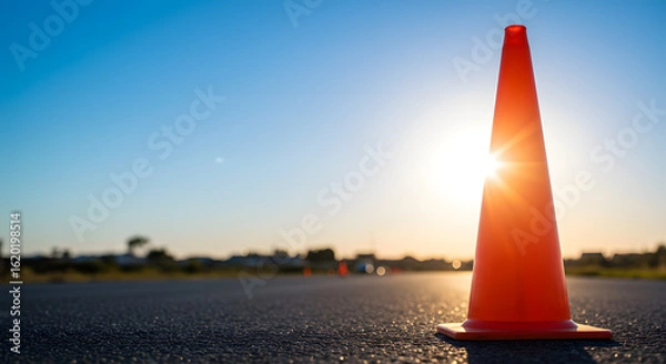 Fototapeta Orange Traffic Cone on Asphalt Road at Sunset