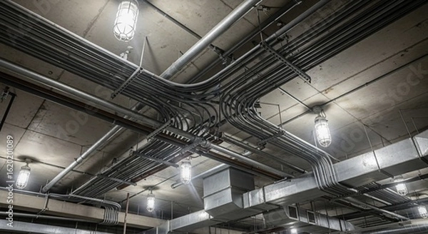 Fototapeta Industrial ceiling with complex network of pipes, conduits, and lighting