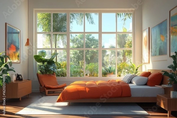Fototapeta Illustration of a modern bedroom with large French windows, created with technology, showcasing contemporary interior design, Generative AI