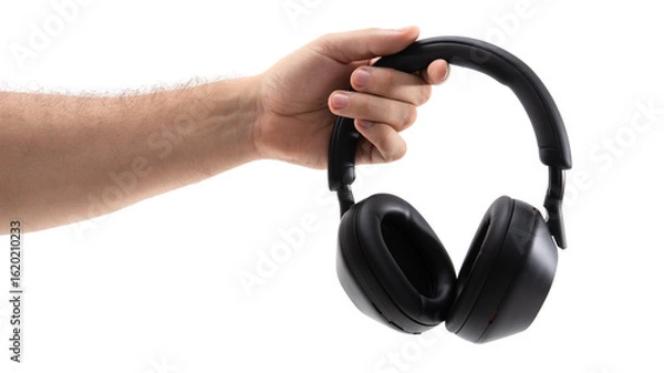 Obraz Hand holds black headphones on a white background