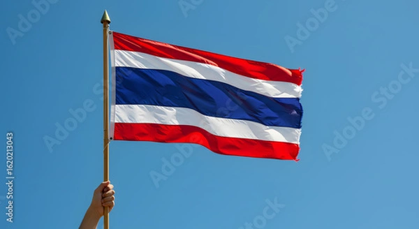Fototapeta Thai National Flag Waving in Clear Blue Sky, Held by Hand – Patriotism, Travel, and Culture