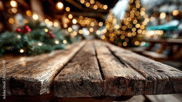 Obraz Weathered wood table under festive bokeh lights, outdoors