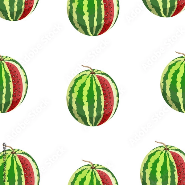 Fototapeta Seamless pattern of ripe juicy watermelons cut on a white background.Vector pattern.