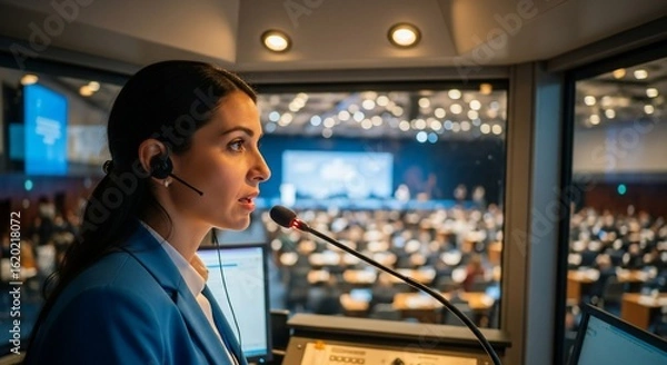 Fototapeta Professional Interpreter in Booth Translating for Conference Audience