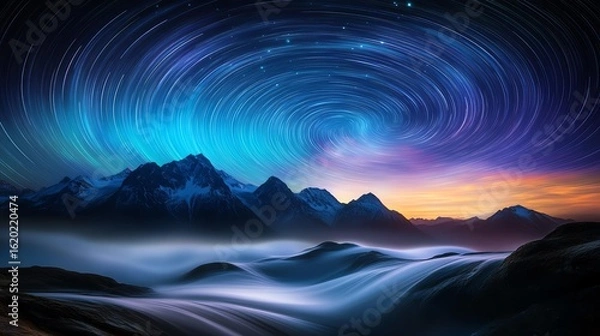 Fototapeta A breathtaking view of swirling stars above majestic mountains at twilight.