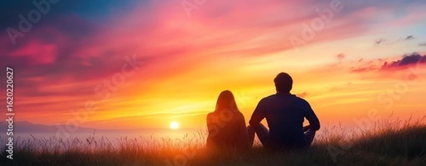 Fototapeta A couple enjoys a romantic sunset view, surrounded by vibrant colors in the sky.