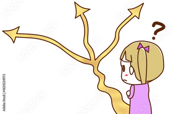 Obraz （上半身斜め後ろ）分岐点の道の前で迷い始める白人少女