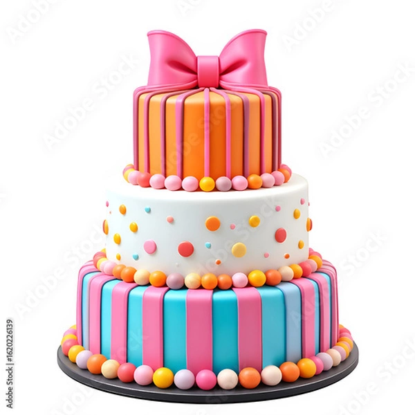 Fototapeta Three tier birthday cake with fondant stripes and candy dots on transparent background 