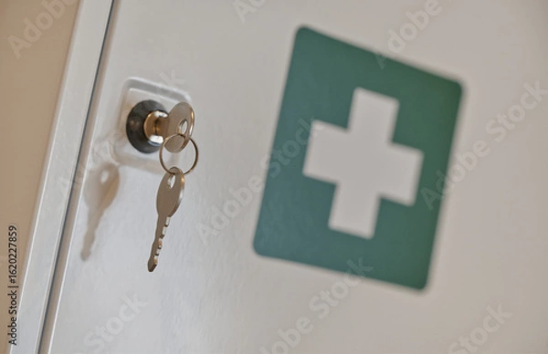 Obraz Key in Lock on Medical Cabinet