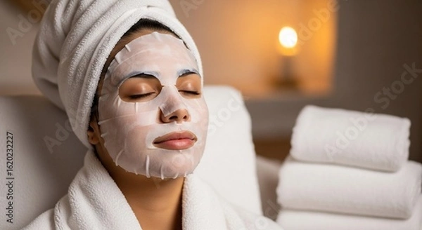 Fototapeta Woman with facial sheet mask and towel turban relaxing in spa