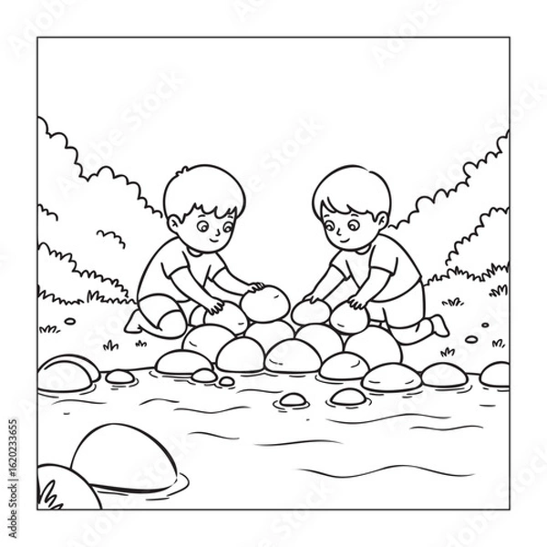 Obraz Two Boys Playing with Stones by a River, Friendship Coloring Page