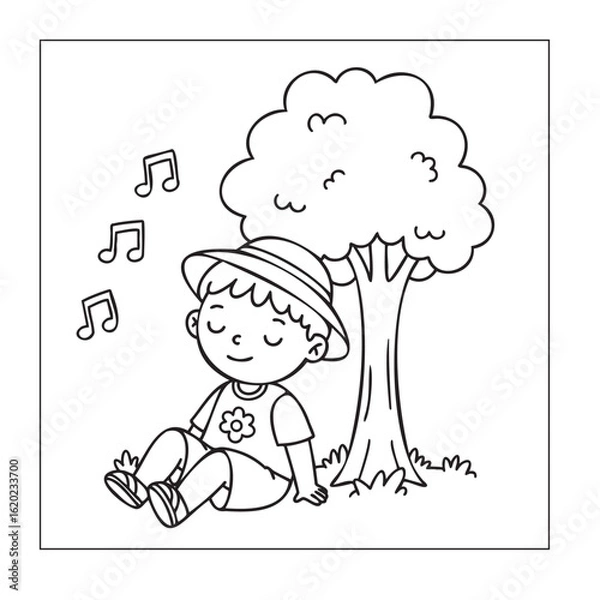 Obraz Cartoon Boy Relaxing Under a Tree, Peaceful Summer Coloring Page