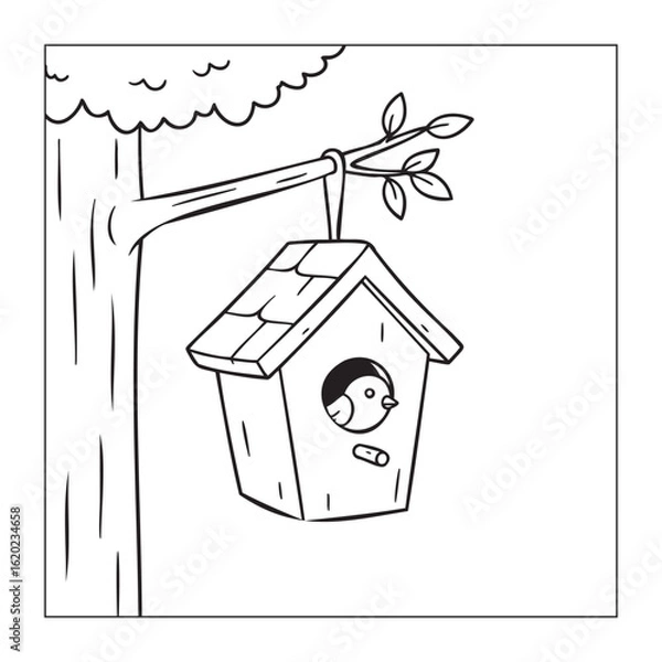 Obraz Cute Bird in a Birdhouse Hanging from a Tree, Nature Coloring Page