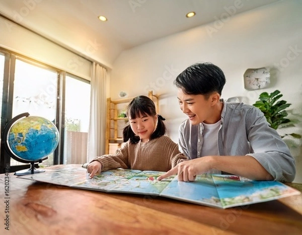 Obraz Generated image
地図を見る親子