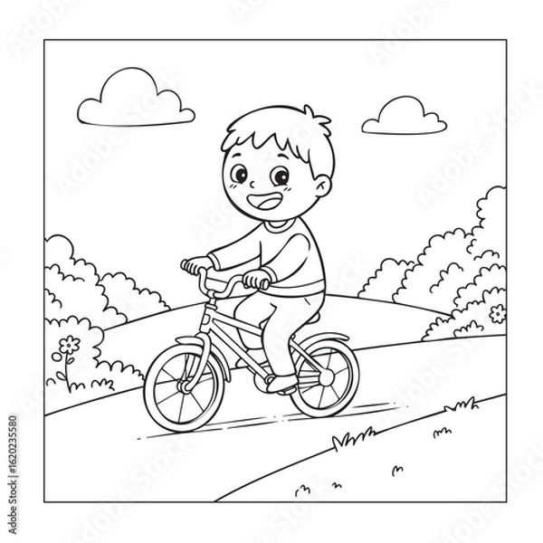 Obraz Happy Boy Riding a Bicycle Outdoors, Summer Activity Coloring Page

