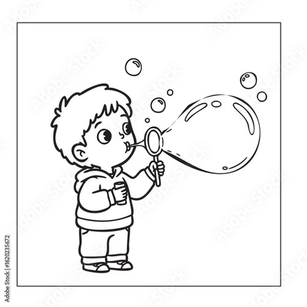 Obraz Cartoon Boy Blowing a Large Soap Bubble, Coloring Page

