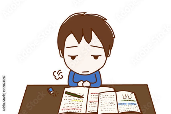 Obraz （上半身正面）勉強のやる気がなくなってため息をつきぼんやりする少年