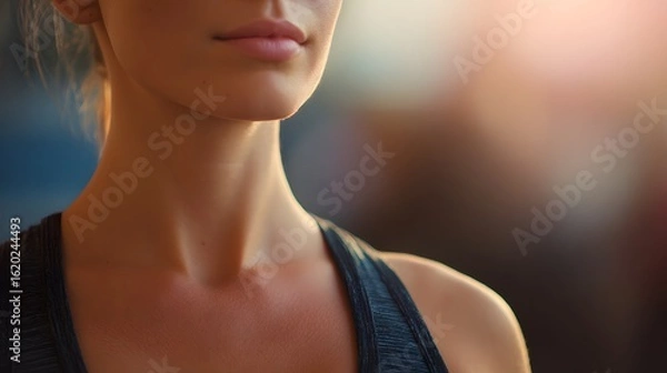 Fototapeta Close-up portrait of a beautiful young woman in sportswear. Cropped image of young sportswoman. faceless, selective focus.