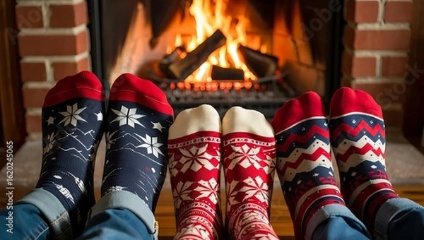 Fototapeta Photo of cozy winter scene with feet in christmas socks in front of a warm fireplace, creating a relaxing and festive atmosphere at home during the holiday season