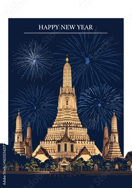 Fototapeta Artistic Wat Arun Temple with Fireworks Celebrates Happy New Year