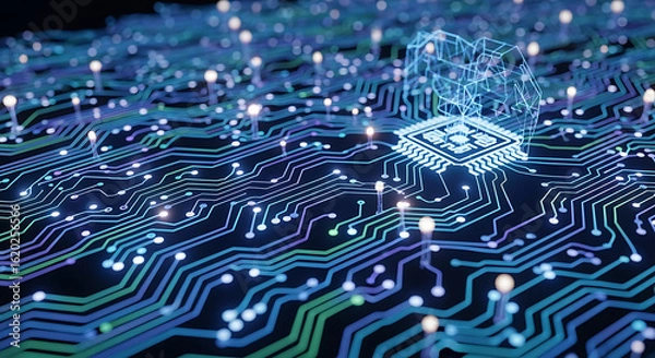 Fototapeta Illuminated circuit board with a central microchip and glowing nodes in a dark setting