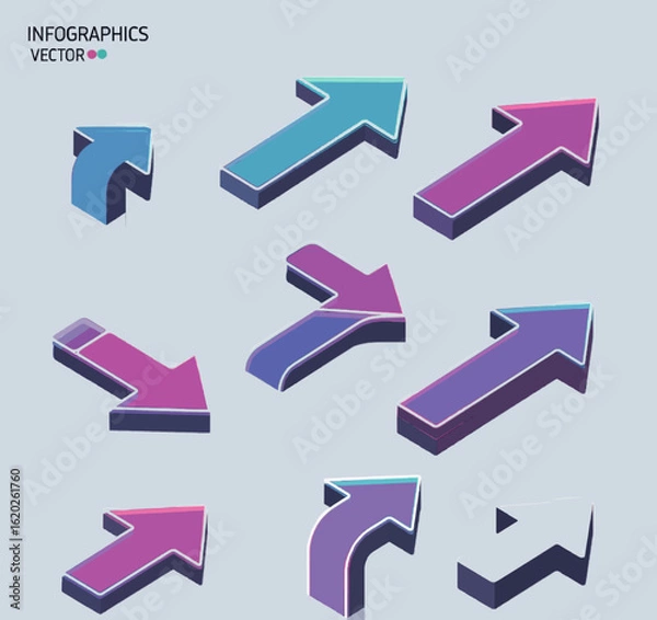 Fototapeta Dynamic 3D arrows in vibrant purple, blue, and teal colors offer directional guidance and modern visual appeal for data visualization and strategic planning concepts.