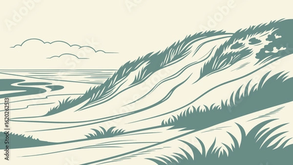 Fototapeta Coastal dune landscape drawing vector illustration with grass sea and clouds for nature background design