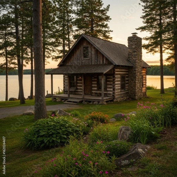 Fototapeta Rustic Log Cabin by Lake at Sunset