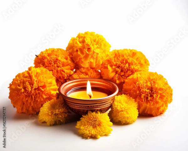 Fototapeta Happy Diwali - Clay Diya lamps lit during Dipavali, Hindu festival of lights celebration. Colorful traditional oil lamp diya with yellow flower on white background
