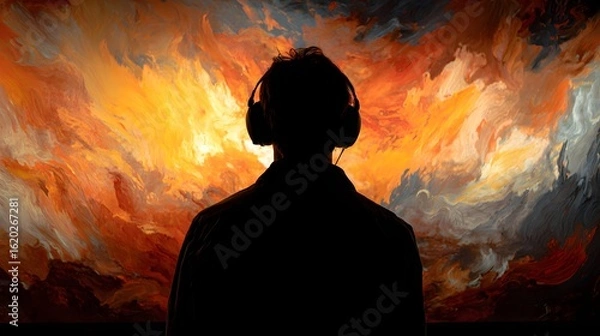 Obraz Person in Silhouette Wearing Headphones Observing a Dynamic Abstract Painting with Fiery Hues