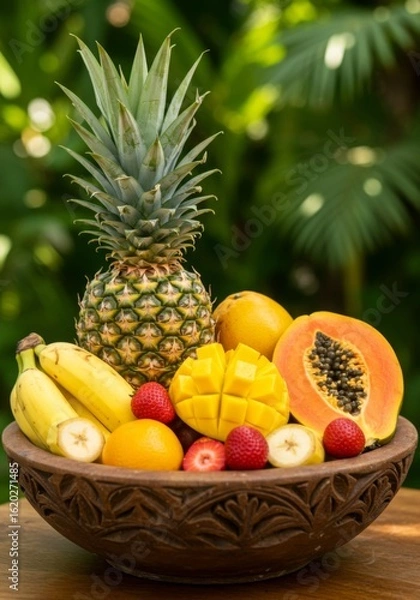 Obraz Assortment of Tropical Fruits in a Brown Carved Bowl