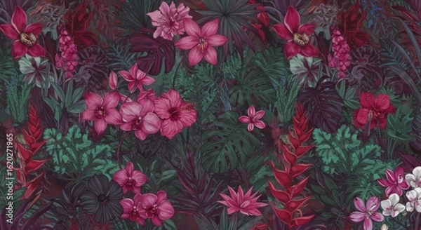 Obraz Dark Pink And Red Tropical Flowers Seamless Pattern