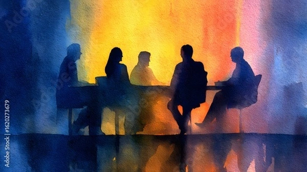 Fototapeta Watercolor painting silhouette of five people in a meeting around a table with vibrant abstract background
