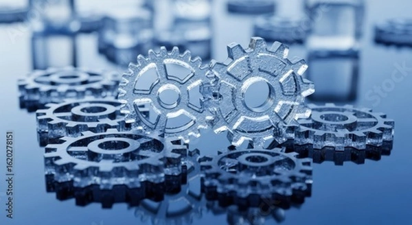 Fototapeta Interlocking metal gears symbolizing industrial mechanical processes and business operations