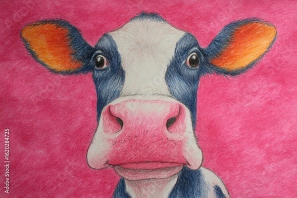 Obraz Colorful cow portrait against a bright pink background showcasing detailed features and vibrant hues
