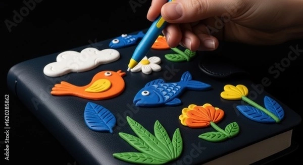 Fototapeta Creative notebook decoration with clay embellishments and personalized hand touches creates a